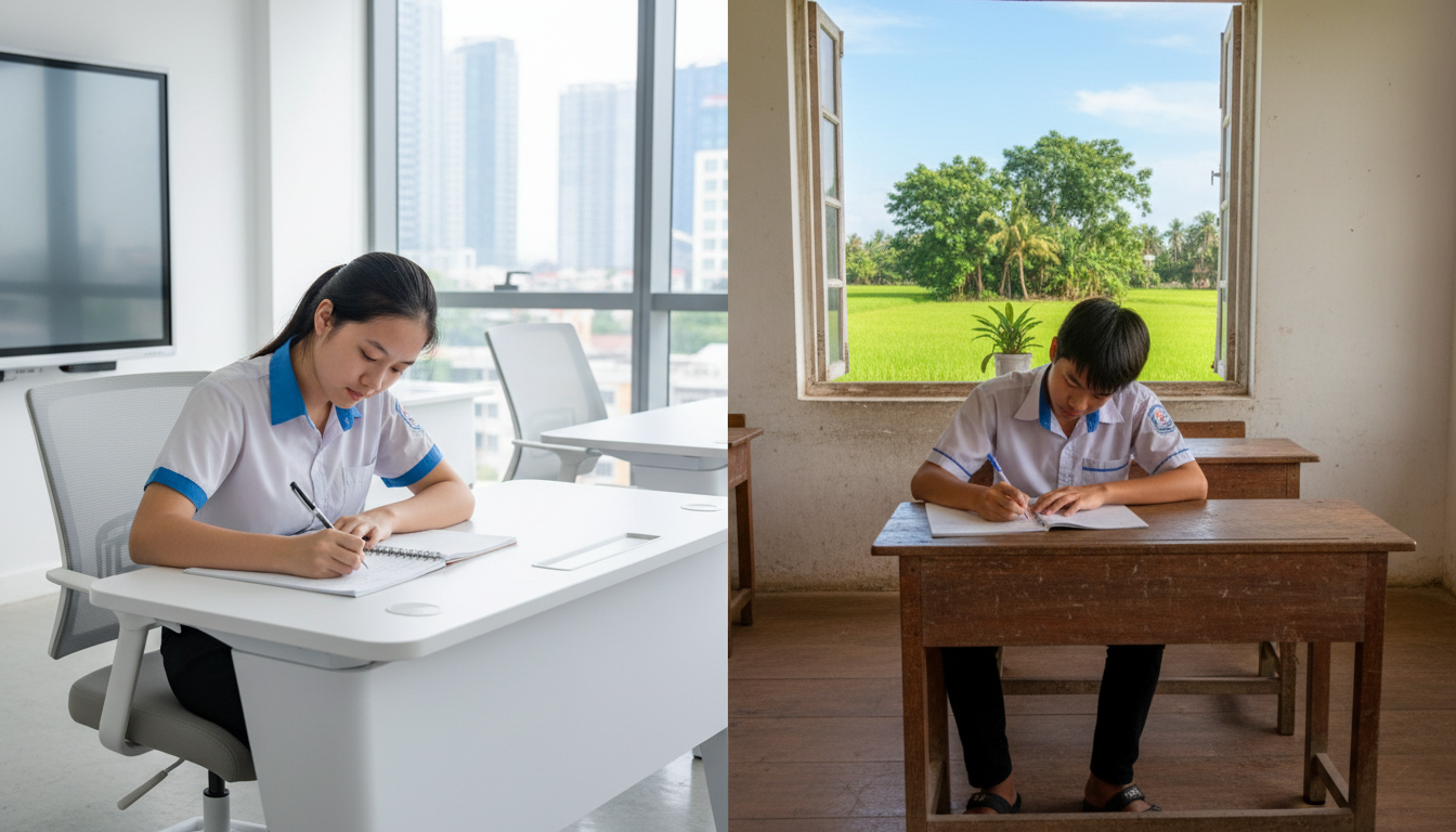 Học sinh THCS hệ giáo dục thường xuyên đang học tập chăm chỉ trong lớp học tại Việt Nam.