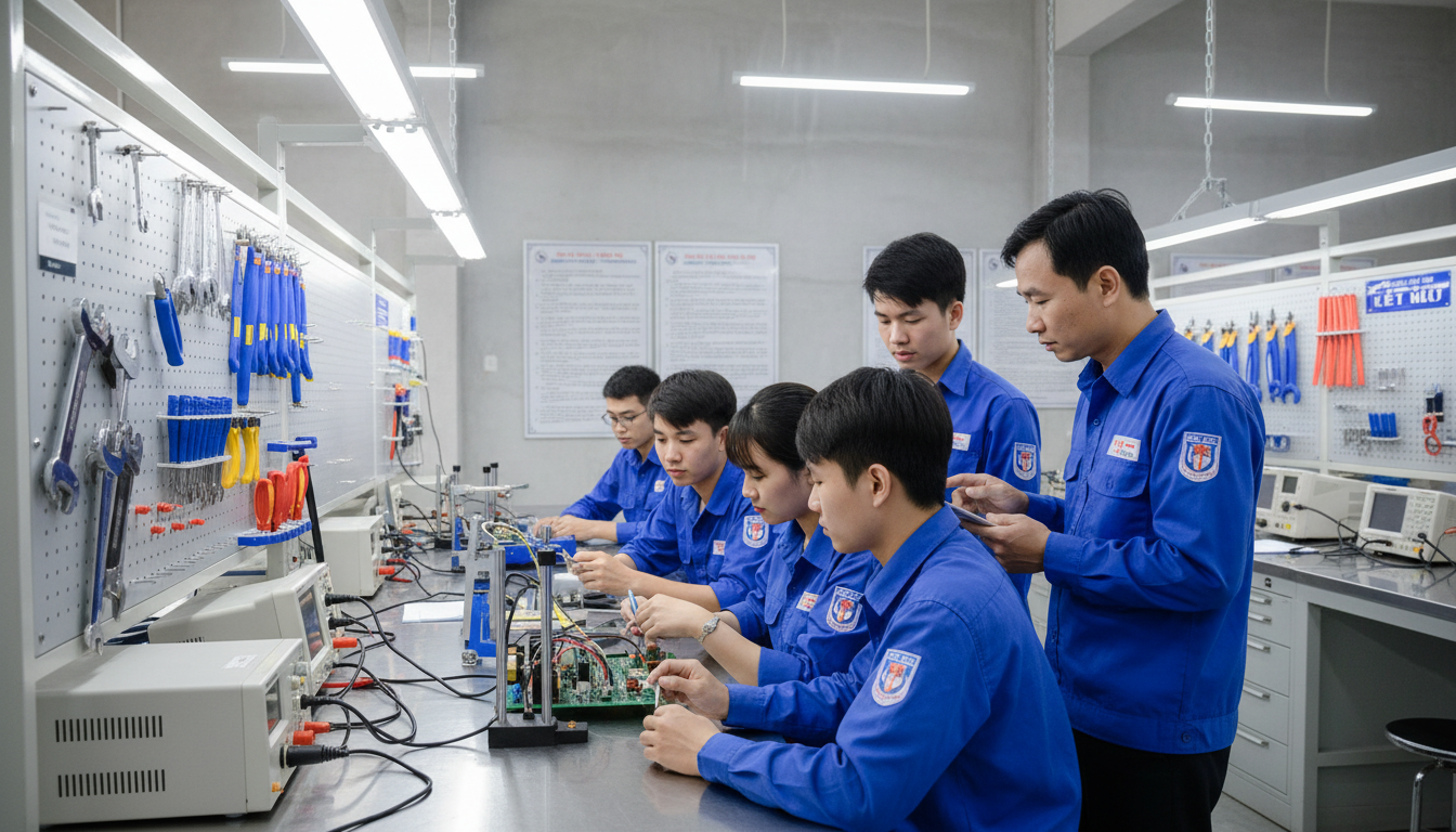 Học viên hệ 9+ đang thực hành kỹ thuật điện công nghiệp tại xưởng thực hành nghề nghiệp.