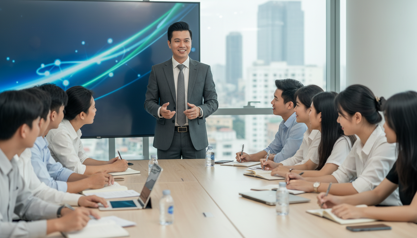 PGS. TS. Trần Minh Khôi tư vấn định hướng giáo dục quốc tế cho học viên.