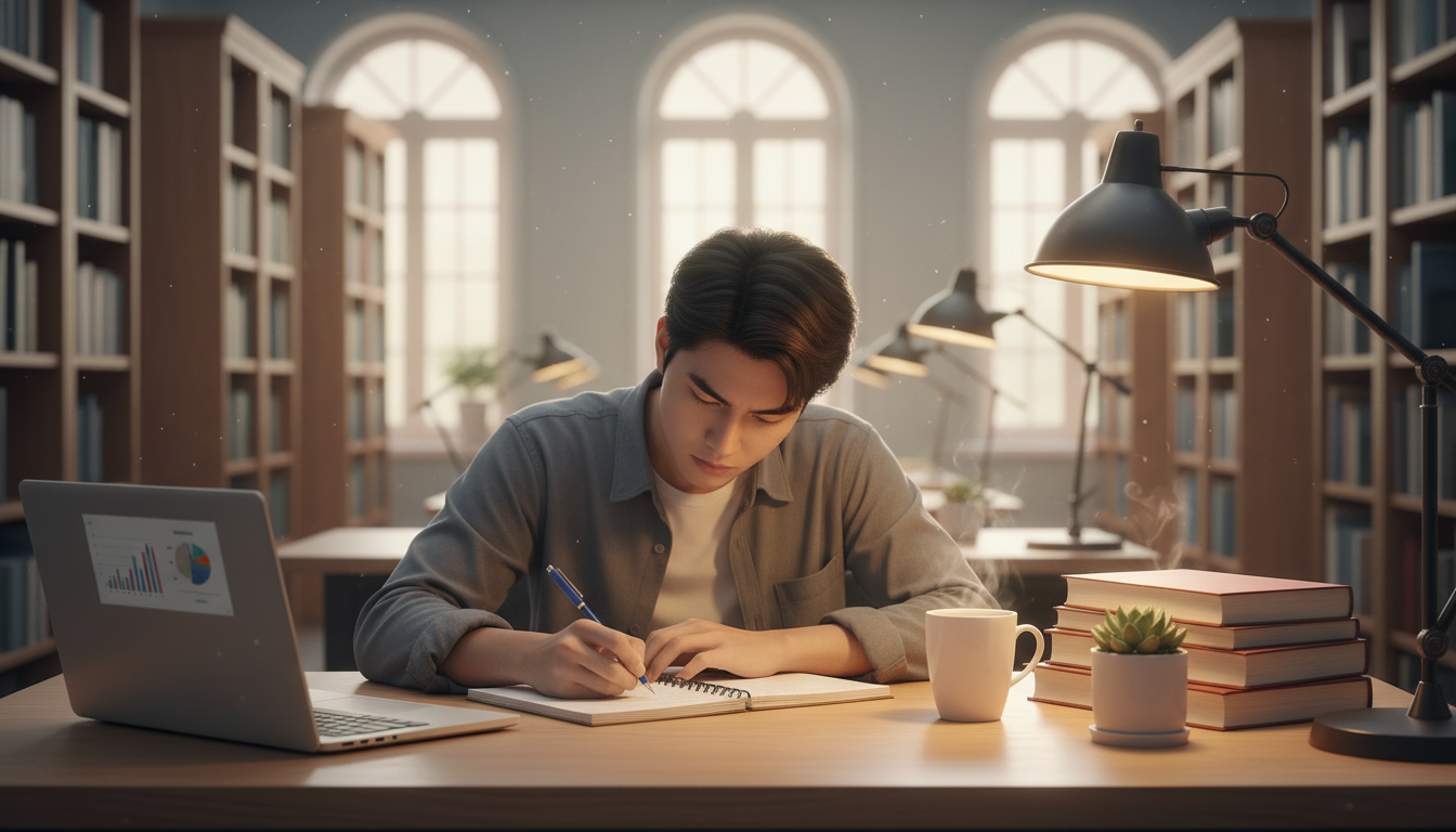 Sinh viên Việt Nam tập trung hoàn thành bài thu hoạch sinh hoạt công dân tại thư viện.