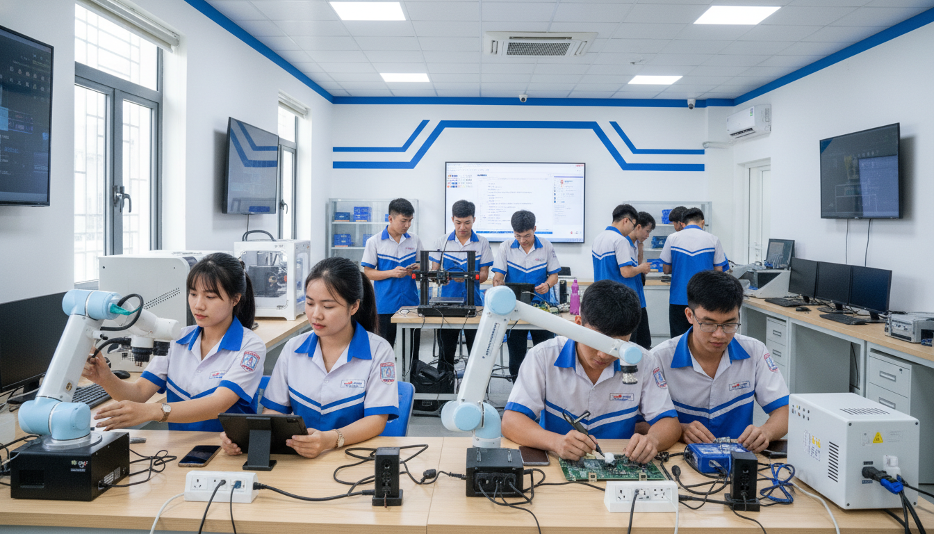 Sinh viên Việt Nam tham gia thực hành tại một lớp học nghề quốc tế hiện đại.